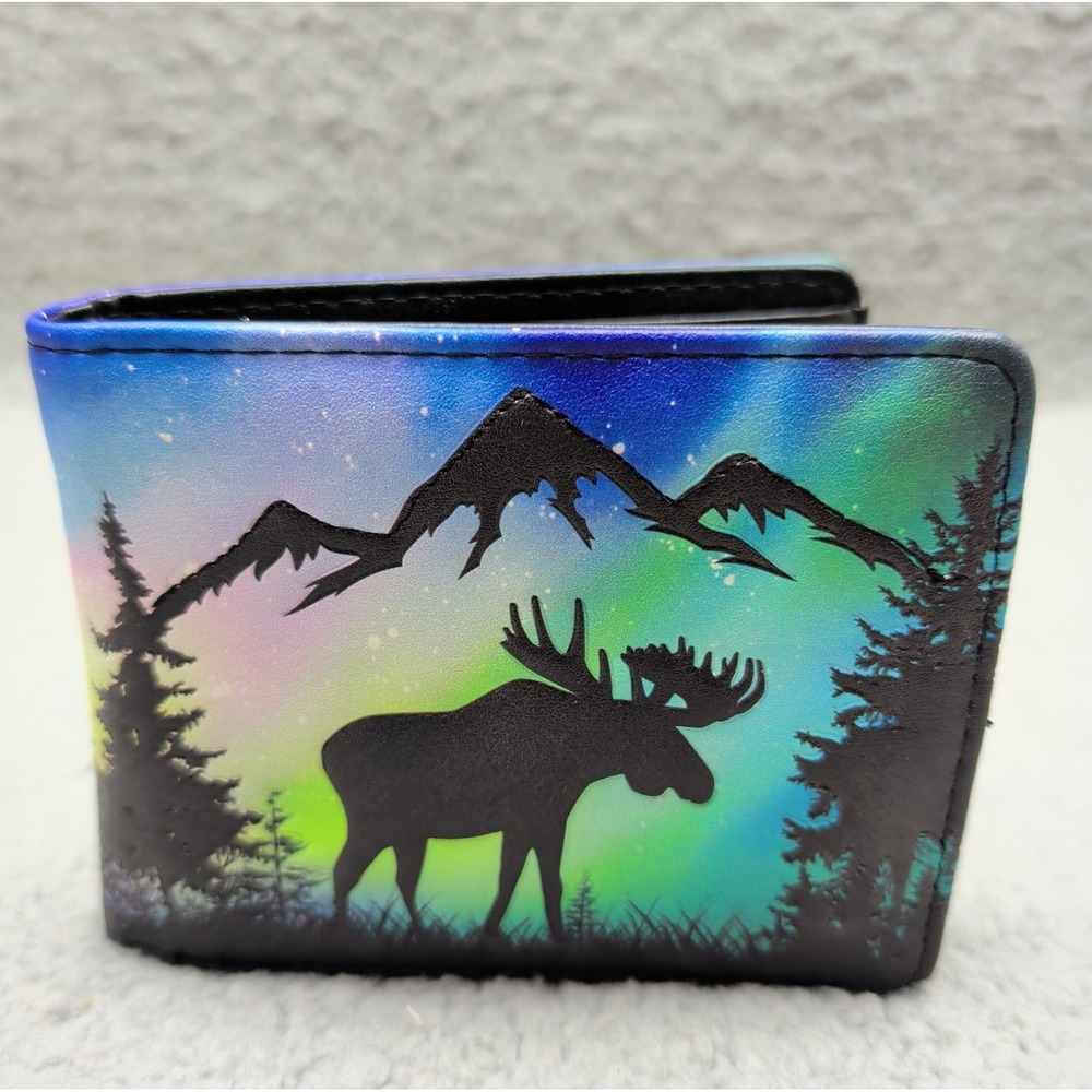 Shagwear Moose Northern Lights Forest Vegan Leather Wallet 5" x 4" Brand New